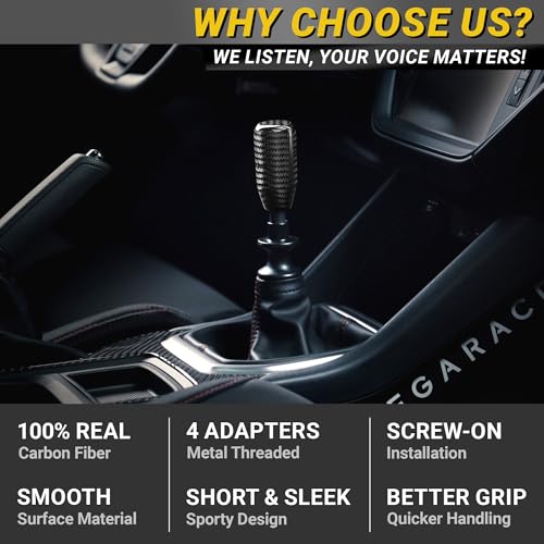 Premium 100% Real Carbon Fiber Shift Knob - 4 Metal Threaded Adapters, 4 5 6 Speed Manual & Buttonless Automatic Transmission, Weighted Gear Stick Shifter Knobs, (M8, M10x1.25/1.5, M12x1.25) JDM Style - Image 5