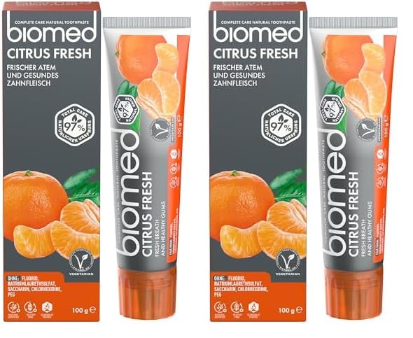 BIOMEDCitrus Fresh 97% Natural Toothpaste | Orange, Fresh Breath, Healthy Gums | Mandarin Grapefruit Lemon Essential Oils, Fruit Flavour, Vegetarian, SLES Free 100g (Pack of 2)