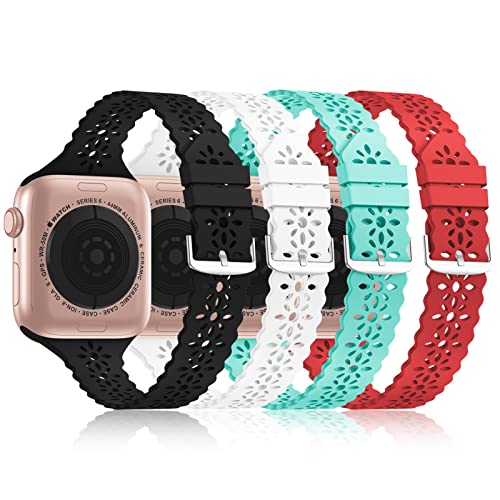 Bandiction 4 Pack Lace Silicone Bands Compatible with Apple Watch Band 38mm 40mm 41mm 42mm 44mm 45mm 49mm, Women Slim Thin Hollow-out Sport Wristband for iWatch Series Ultra 8 SE 7 6 5 4 3 2 1