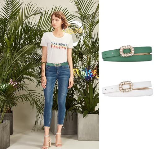 COTIM COYIN Women's Belt Elegant Pearl Shiny Rhinestone Rectangle Buckle Belt, Skinny Leather Adjustable Belt4