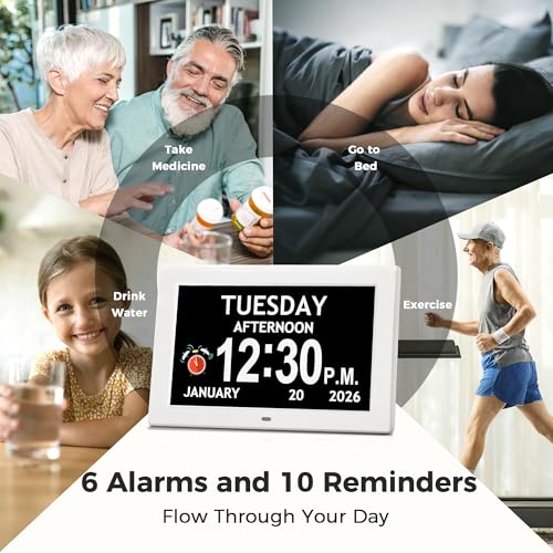 Image of 10.1'' Digital Clock With Date And Time, Dementia Clock, Large Display Alarm Clock For Seniors, 10Reminders, 6Alarms, Auto-Dimming, Auto DST, Remote Control, Gifts For People With Dementia, White