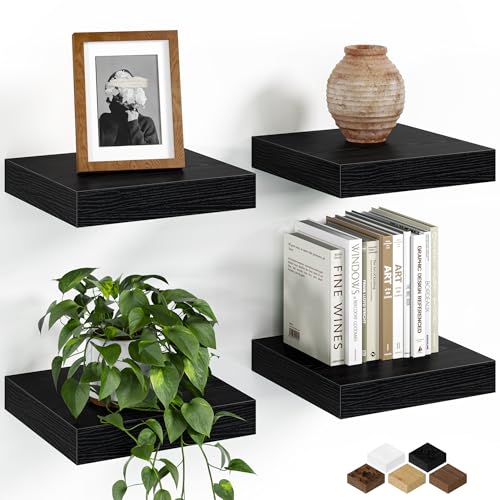 Image of Fun Memories Floating Shelves for Wall, 8 Inch Set of 4 Rustic Wood Wall Shelves with Invisible Brackets, Heavy Duty Storage Display for Bathroom Bedroom Living Room Kitchen, Black