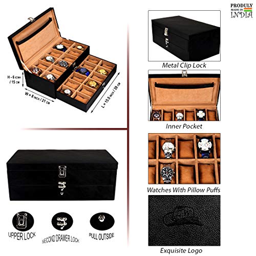 Image of Leather World 24 Slots Men Watch Box Drawer With Lock System Organizer Display Case Jewelery Storage Women - Black