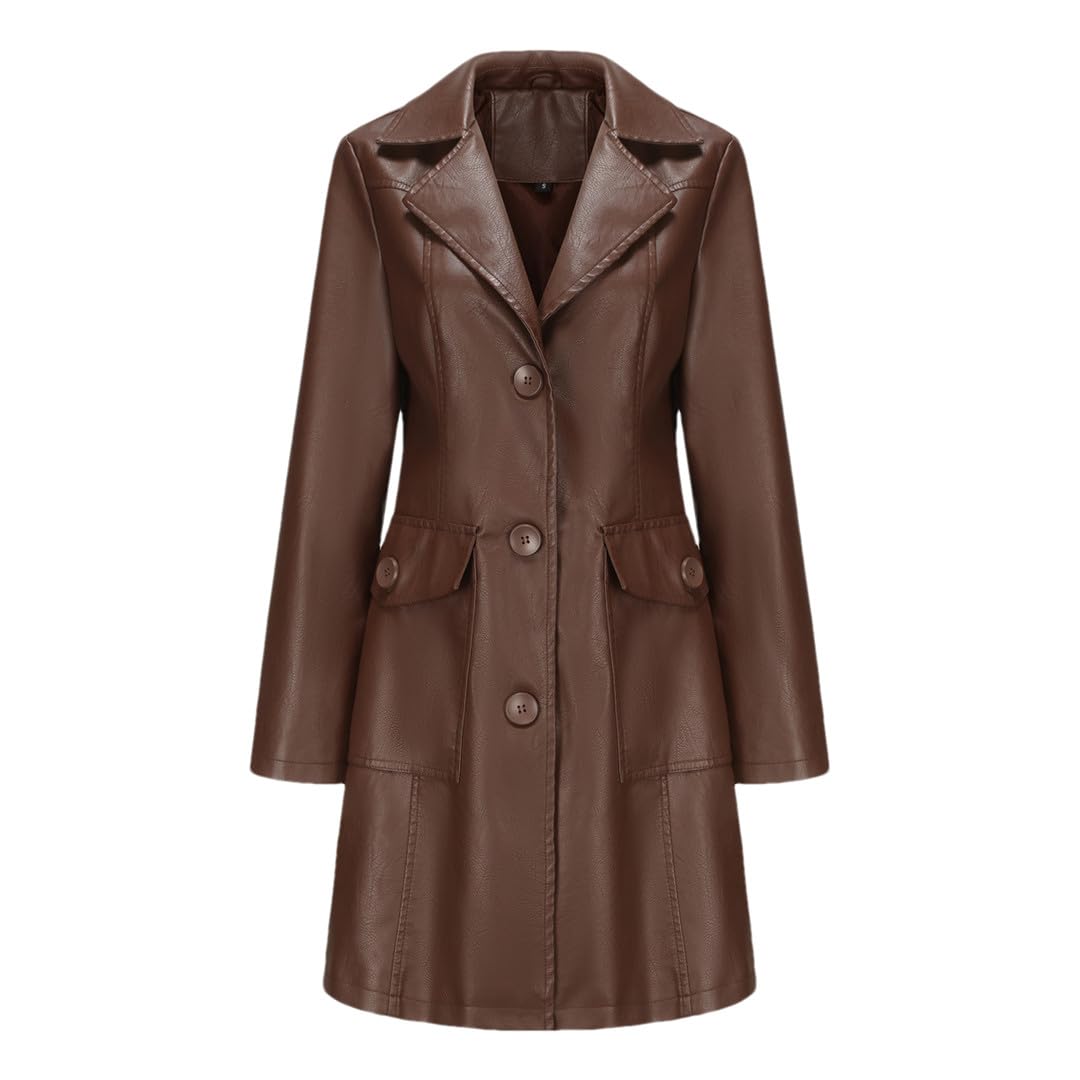 Chaqueta Larga De Cuero Sólido para Mujer Chaqueta Cortavientos Larga De Cuero Sintético Vintage para Salir