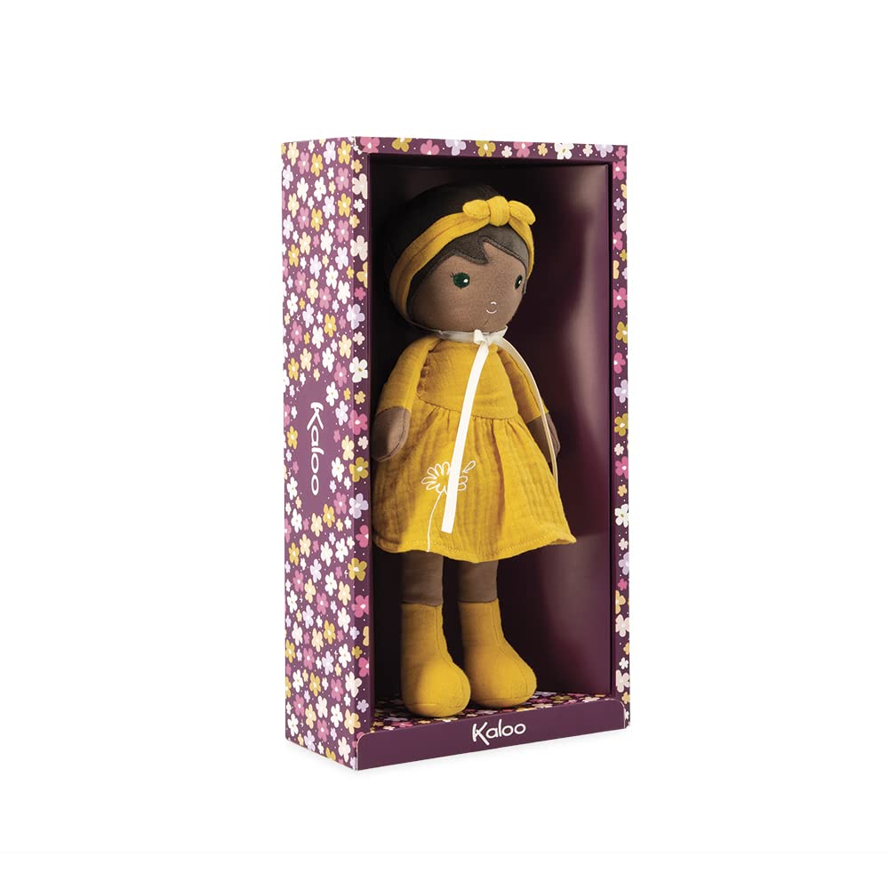 KALOO - Czułość - Moja pierwsza lalka z tkaniny Naomie - Tkanina lalka 32 cm - żółta sukienka - ładne pudełko prezentowe i wstążka z możliwością personalizacji - od urodzenia, K200009