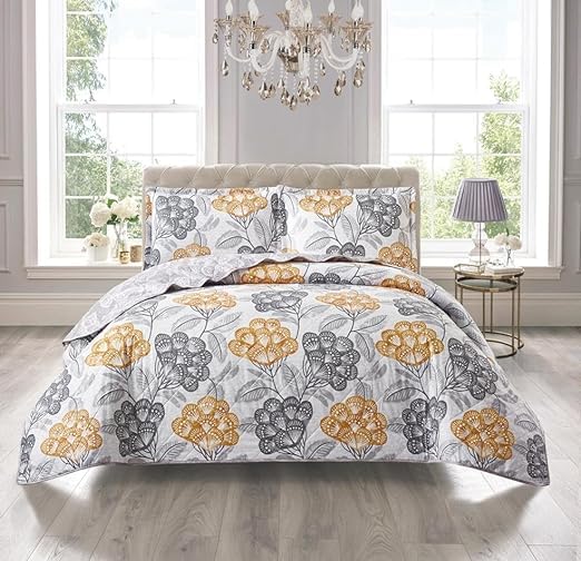 3 PCS Patchwork Bedspread Quilted Bed Throw Single Double King Size Bedding Set (Bloom Ochre, Double)