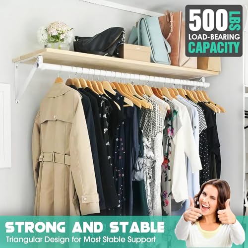 Closet Shelf & Rod Brackets Heavy Duty, 4-Pack Triangular Wall Mounted Shelf Brackets with Clothes Rail Pole Hook, 50kg Load - Image 4
