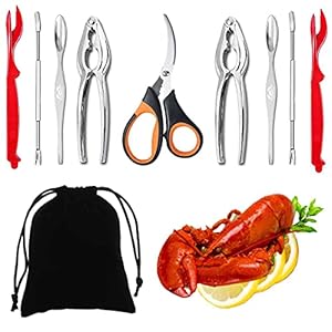 Artcome Seafood Tools Set – 2 Crab Crackers, 2 Lobster Shellers, 2 Seafood Forks, 2 Wide Crab Forks, 1 Seafood Scissors and 1 Storage Bag