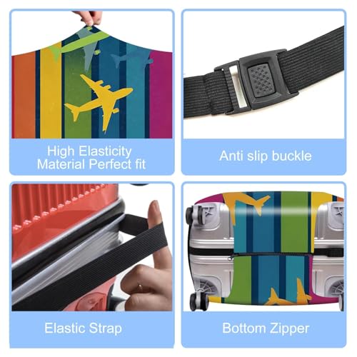 Image of Colorful Airplane Pattern Luggage Cover - Multicolor Stripe Travel Suitcase Protector with Fun Flight Design - Fits 28 to 30 Inch Luggage,L