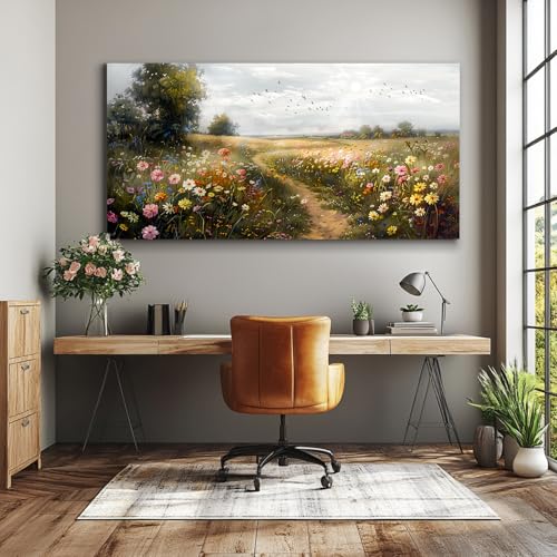 SERIMINO Large Wall Art for Living Room, Countryside Path Landscape Wall Decor, Wildflowers Meadow Canvas Prints, Natural Scenery Modern Pictures Home Decor Farmhouse Kitchen Dining Room 30"X60"