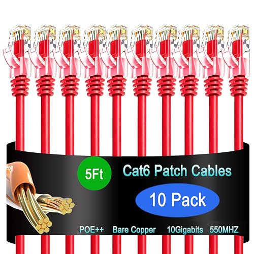 Image of Cat6 Ethernet Patch Cable 5 ft (10 Pack), Cat6 Patch Cable 26AWG Pure Copper for Data Centers, Cat 6 Patch Cable 10G, Network Patch Cables for Home and Enterprise Network -Red