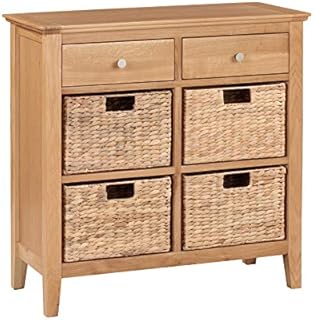 Hallowood Furniture Hereford Storage Sideboard In Light Oak Finish - Wooden Cabinet with 2 Drawers and 4 Wicker Baskets  Console Table with Storage for Hallway & Bedroom - Chest of Drawer Living Room
