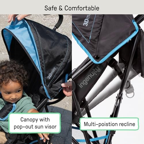 Summer Infant Infant 3Dmini Convenience Stroller, Blue/Black – Lightweight with Compact Fold, Multi-Position Recline, Canopy with Pop Out Sun Visor and More – for Travel and More - 3