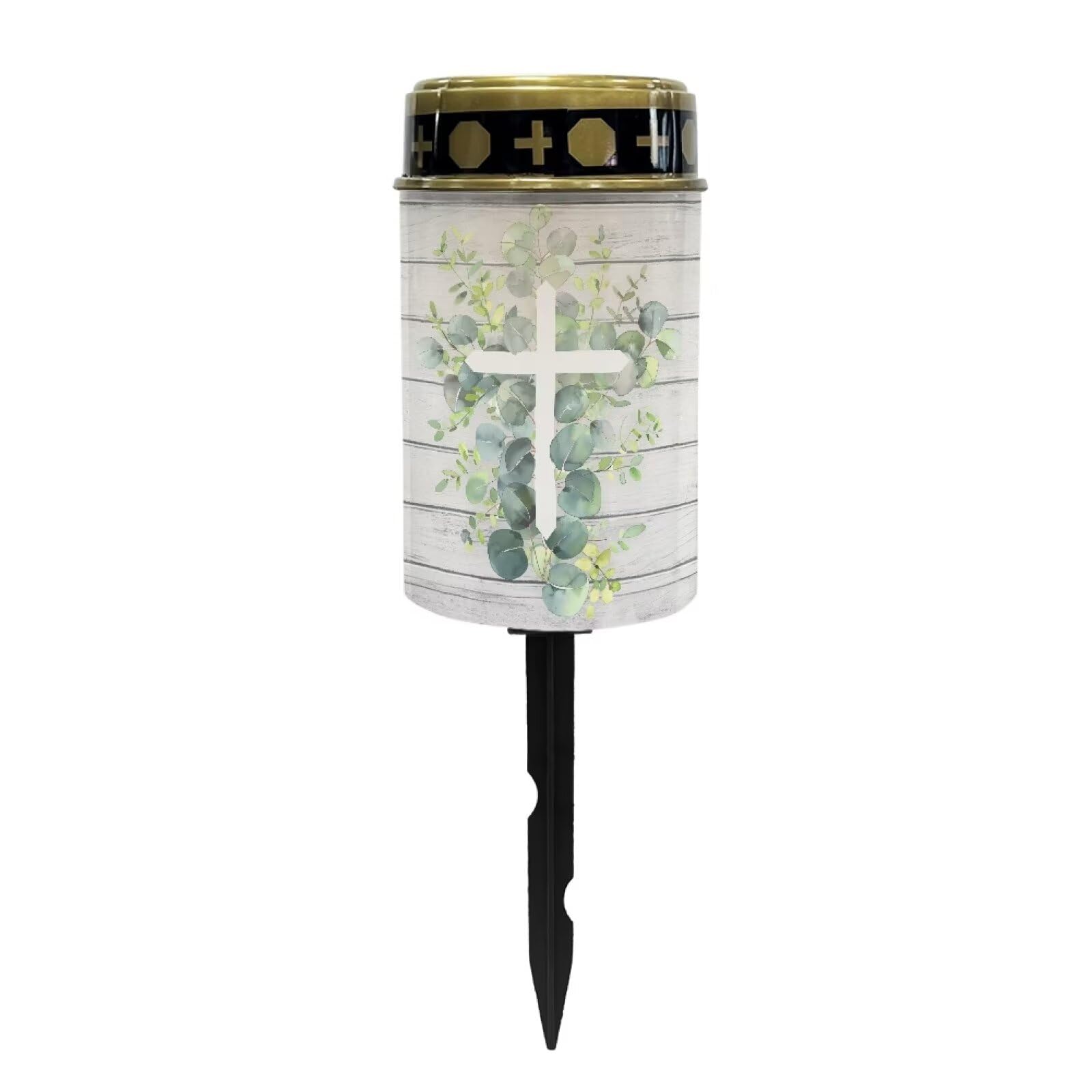 Poceacles Cross Solar Lights Outdoor Grave Solar Lights for Cemetery Decoration, Eucalyptus Leaf Cross Wood Grain