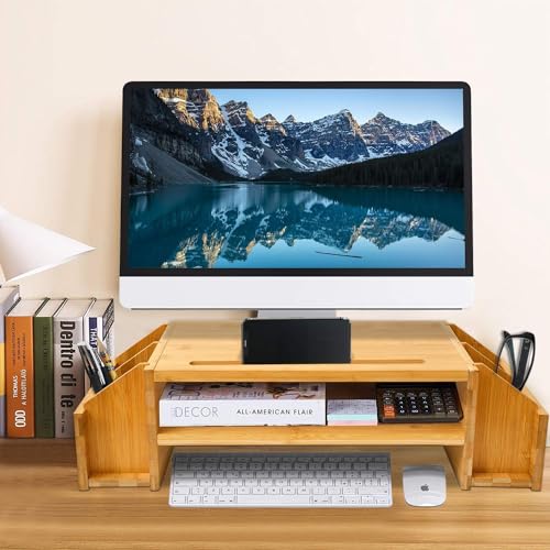 Image of Wooden Monitor Stand Riser with Storage Compartment and Lockable Storage Drawer Stand | Adjustable Desktop Organizer for Computer, Flax, Laptop & Printer (Wooden Monitor Stand)