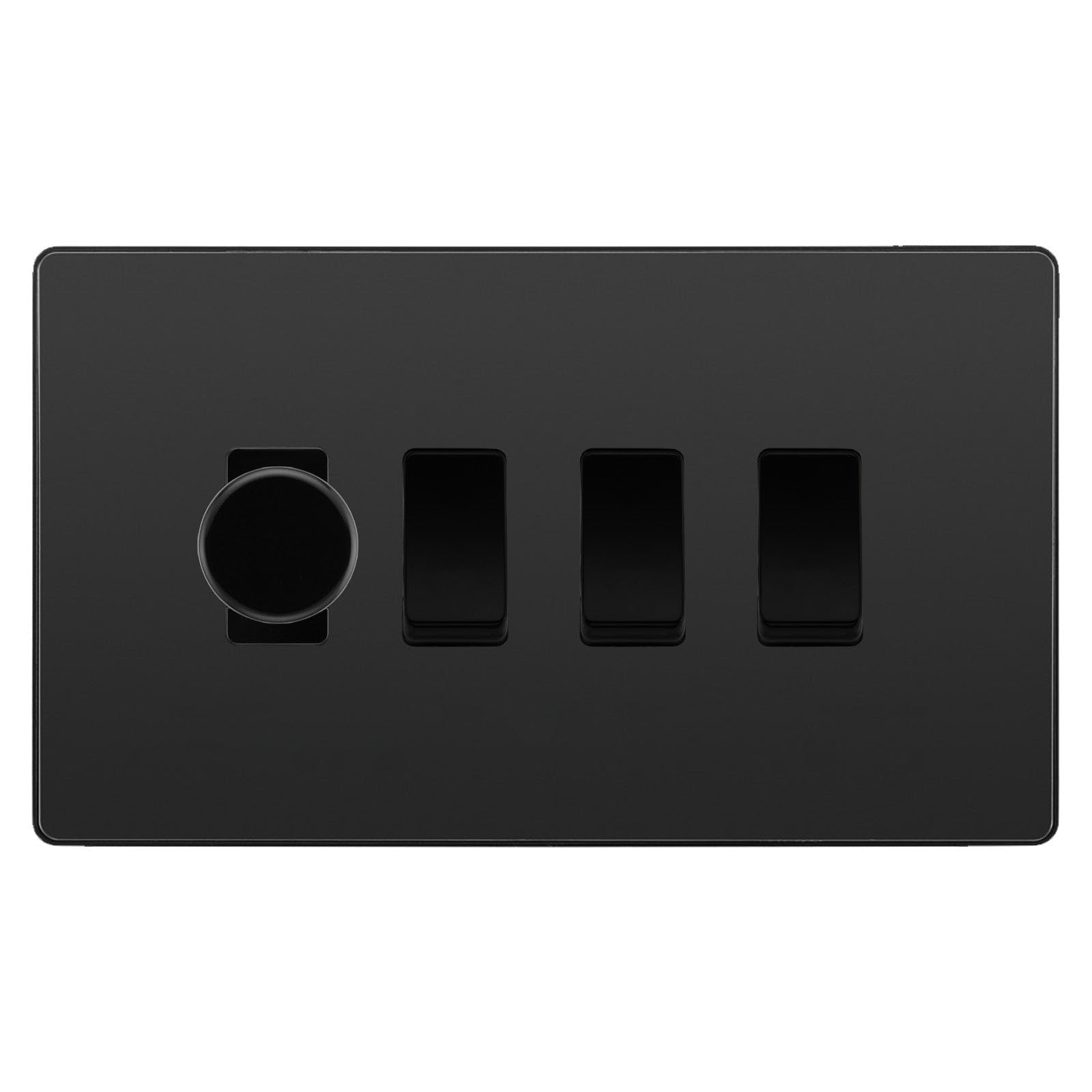 BG Evolve Black Chrome 4 Gang Custom Grid Switch 1x LED Dimmer 3x 2 Way Switch