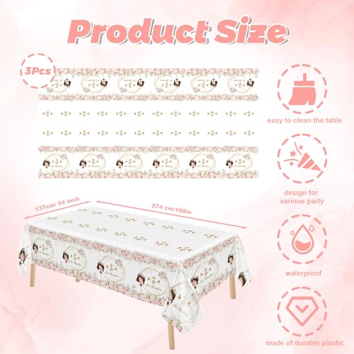 Image of MEHOFOND 3 Pack Mi Bautizo Tablecloths, 108 x 54 Inch Pink Flowers First Holy Communion Tablecloths,Girl Mi Primera Comunion Party Decorations, God Bless Party Table Cover Decor