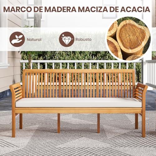 COSTWAY Banco de Jardín de 3 Plazas, Madera de Acacia Exterior, Cojines Suaves, Respaldo y Apoyabrazos Ergonómicos, Para Terraza, Balcón, 159 x 59 x 77 cm - imagen 5