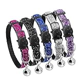 Beirui 5 set Nylon Bling Dog kitten Cat Adjustable Breakaway Collar with Bells - Sparkling Quick Release Safe Buckle Cat Collar - Glitter Puppy ID Collar - X-Small Neck for 7-10.5