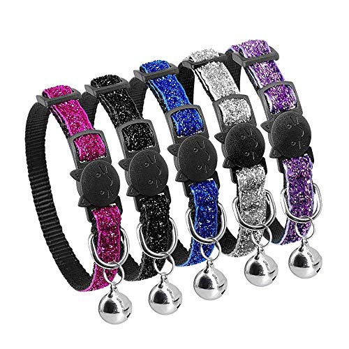 Beirui 5 Set Christmas Nylon Bling Dog Kitten Cat Adjustable Breakaway Collar with Bells - Sparkling Quick Release Safe Buckle Cat Collar - Glitter Puppy ID Collar - X-Small Neck for 7-10.5