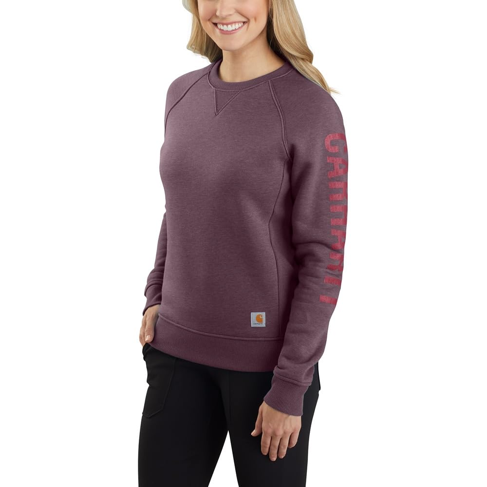 Carhartt, Women's, Relaxed Fit Midweight Crewneck Block Logo Sleeve Graphic Sweatshirt, Blackberry Heather, M