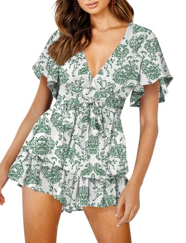 Relipop Women's Summer Rompers Jumpsuits V Neck Short Sleeve Waist