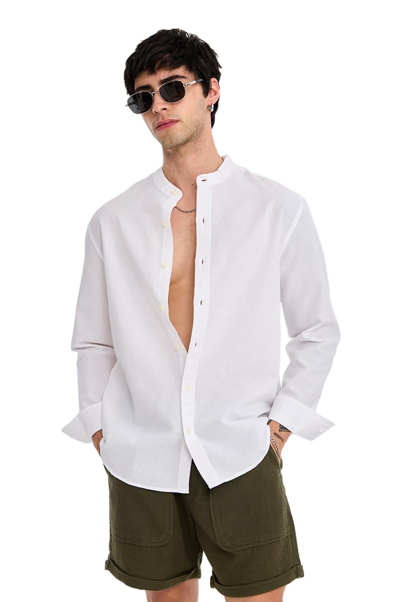 Men Casual Summer Shirt | Regular Fit Mandarin Collar Solid Style | Premium Cotton Linen Blend & Breathable Fabric for Beach, Vacation & Everyday Wear-image-15