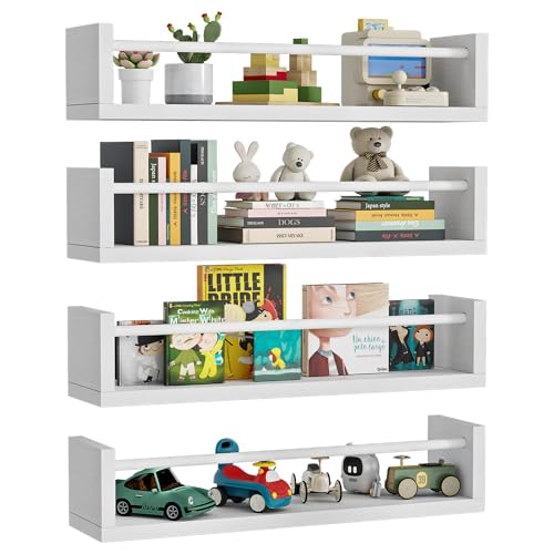 Image of CAPAKIDDO 23.6" Wall Book Shelves for Kids - Floating Nursery Book Shelves Set of 4, White Wall Mounted Bookshelf for Kids Room, Toddler Bedroom Furniture & Toy Storage