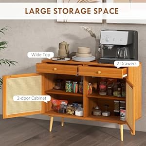 HOMCOM Storage Cabinet Boho Kitchen Cabinet with 2 Drawers Adjustable Shelf Rattan Doors and Wooden Legs Accent Cabinet for Living Room Light Brown