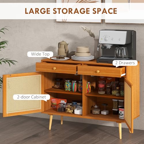 HOMCOM-Storage-Cabinet-Boho-Kitchen-Cabinet-with-2-Drawers-Adjustable-Shelf-Rattan-Doors-and-Wooden-Legs-Accent-Cabinet-for-Living-Room-Light-Brown HOMCOM Storage Cabinet Boho Kitchen Cabinet with 2 Drawers Adjustable Shelf Rattan Doors and Wooden Legs Accent Cabinet for Living Room Light Brown
