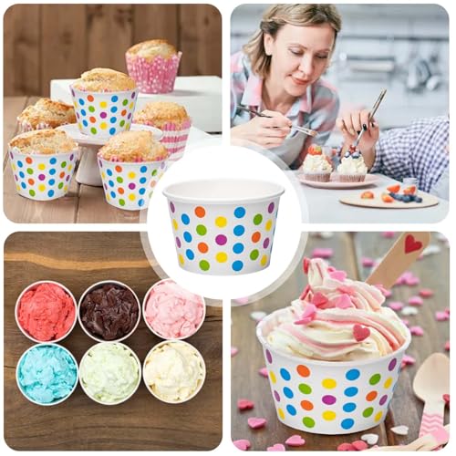BAIFULAI 50 Stück Eisbecher aus Papier mit Löffel, 200ml Kuchenbecher, Eisschalen Pappe Pappschalen Dessertbechers mit Farbige Punkte für EIS, Dessert, Fingerfood, Joghurt – Bild 8