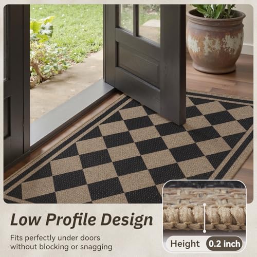 Front Door Mat Indoor Outdoor Mat for Entrance Mat Easy-Jute Entryway Mat-Mud Trapper Absorbent Low-Profile Fall Door Mats Entry Rug Checkered Black 43x75cm - 3