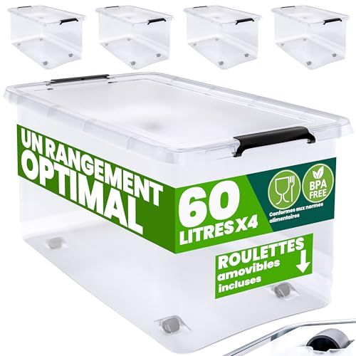 Deuba® 4X Boîte de Rangement 60L en Plastique Transparent empilable sans BPA Gain de Place Caisse...