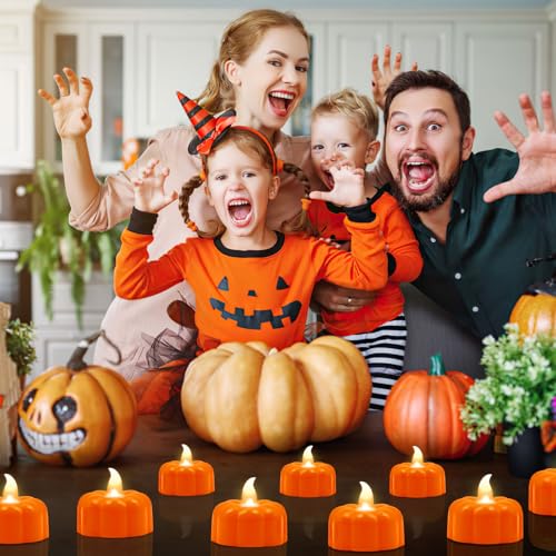 Image of Pumpkin Tea Lights Fall Decorations for Home, 12 Pack LED Orange Pumpkin Lights FlameLess Candles Battery Operated Thanksgiving Flickering Tealights Candles for Table Home Party Halloween Decor