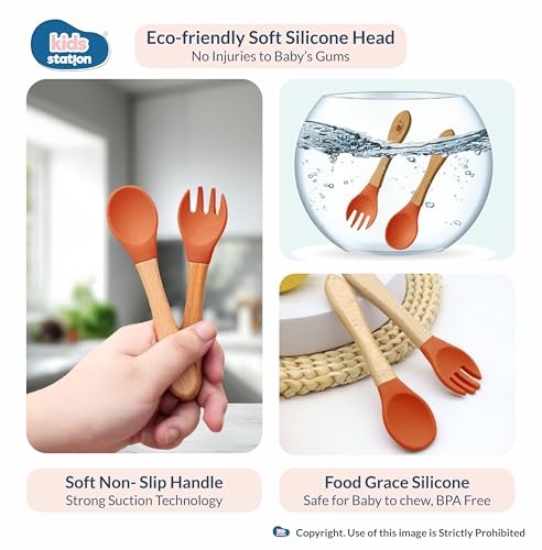 Image of Kids Station Koala Design 5-Piece Silicone Feeding Set for Babies | BPA-Free, Includes Suction Plate, Bowl, Spoon, Fork & Bib | Ideal for Infants & Toddlers (Set of 5 Koala Feeding Set, Orange)