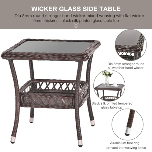 Outdoor Side Table Patio Wicker Coffee Table Outdoor End Table Rattan Bistro Table with Storage & Black Glass Table Top Square for Outside Balcony Porch Backyard Deck Brown