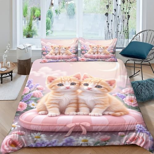 Housse de couette chaton 3D microfibre parure de lit double 200x200 ultra douce sans repassage - 4