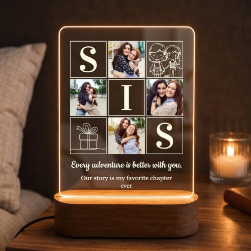 Image of Giftplease Personalised Rakhi Gift for Sister - Custom Acrylic Photo Collage Frame with Wooden Base, Meaningful Raksha Bandhan Keepsake from Brother, Personalized Memory Display for Siblings, Decor