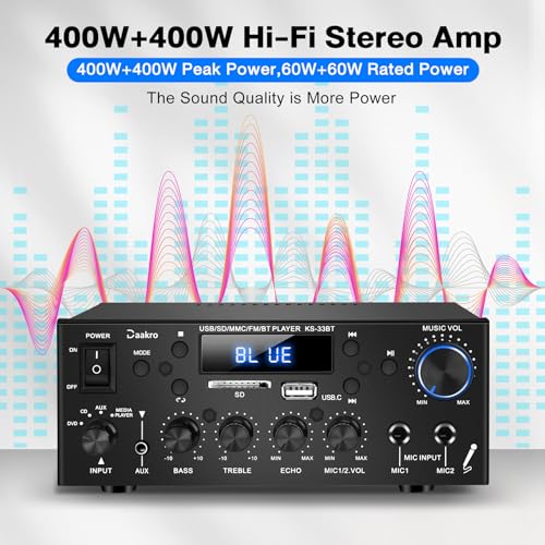 Daakro Amplifier Home Audio, HiFi Mini Amp Home Theater with 2-Channel, Bluetooth 5.0, Max 400Wx2 RMS 60Wx2 Car Speaker Receiver with Echo/MIC/USB/SD/AUX/FM for Home, Car, Karaoke