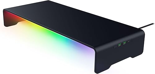 Soporte para Monitor Razer Chroma: Hub de 4 Puertos - USB A 3.2, USB C 3.2, HDMI 2.0 - Altura Ergonómica - Soporte de Aluminio Duradero que Soporta