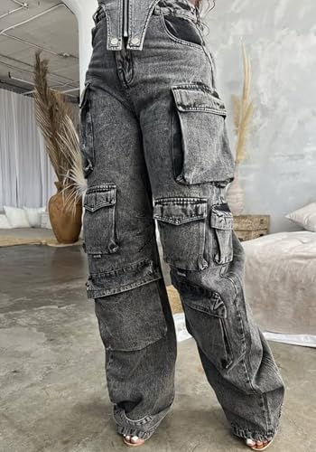 Cargo Jeans for Women Y2K High Waisted Baggy Jeans Straight Wide Leg Cargo Pants Streetwear3