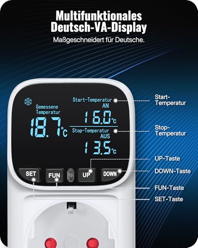 WILAWELS Deutscher Temperaturregler, Steckdose 230V mit Fühler, Temperaturschalter digital, Thermostat-Steckdose, VA-LCD-Display, 4 Zeitmodi, für Gewächshäuser, Kühlschränke, Aquarien, ZW01TCD06W1