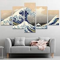 SIGNWIN 5 Panel Canvas Wall Art The Great Wave Off Kanagawa by Hokusai Abstract Plants Illustrations Impressionism Modern Panoramic Relax/Calm Multicolor for Living Room, Bedroom, Office - 60