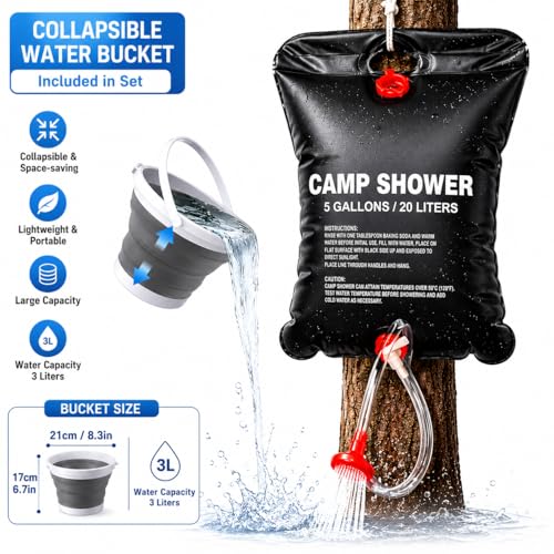 Ducha portátil para camping, bolsa de ducha impermeable de 20 litros con cubo plegable y kit para actividades al aire libre miniatura 3