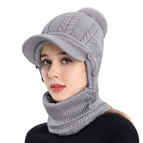 Women Knit Visor Brim Beanie Skull Cap Face Ear Cover Pom Hat Neck Warmer Gaiter Combo Breathable Windproof Winter Cute Cold Weather Snow Ski Balaclava Fleece Mask Hat Christmas New Year Warm Gift #TOP2