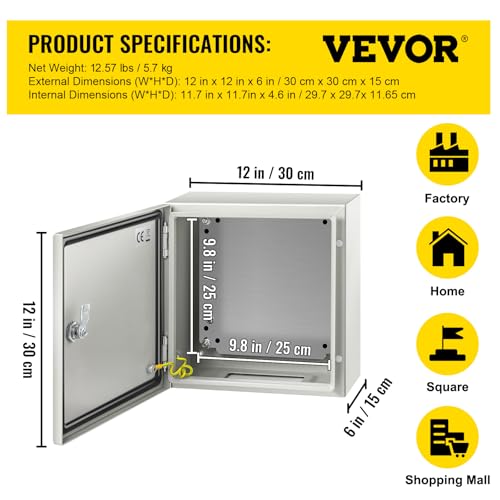 VEVOR NEMA Steel Enclosure, 12" x 12" x 6" NEMA 4X Steel Electrical Box,IP66 Waterproof & Dustproof,Outdoor/Indoor Electrical Junction Box,with Mounting Plate by VEVOR - Image 7