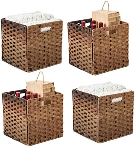 OMERAI Wicker Storage Baskets Wicker Cubes Rattan Shelf Basket Cube Storage Square Foldable Brown Baskets Handwoven Organizer Ombre Baskets Set of 4 11.8x11.8x11.8