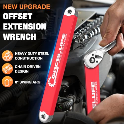 Image of Offset Extension Wrench Impact - Tight Reach Wrench Set with Universal Square Drive Adapters (1 /4 inch, 3 /8 inch, 1 /2 inch) - Ideal for Tight Spaces - Unique Stocking Stuffers for Mechanics (Red)