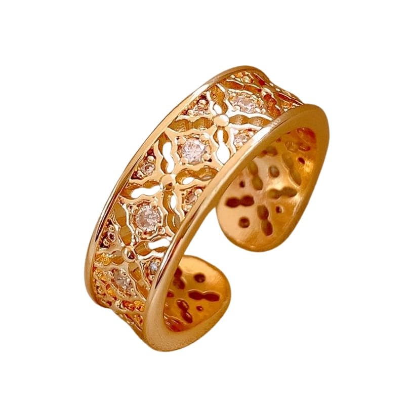 Zircon Flower Thick Wide Ring | Openwork Reflective Texture Finger Jewelry-image-47