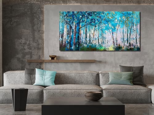 Ardemy Blue Tree Canvas Wall Art Forest Landscape Picture, Modern Birch Trees Nature Teal Abstract Painting Artwork, Large 48"X24" Framed For Home Office Living Room Bedroom Bathroom Wall Decor #TOP1